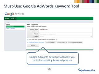 Must-Use: Google AdWords Keyword Tool




            Google AdWords Keyword Tool allow you
              to find interesting keyword phrases


                           25
 