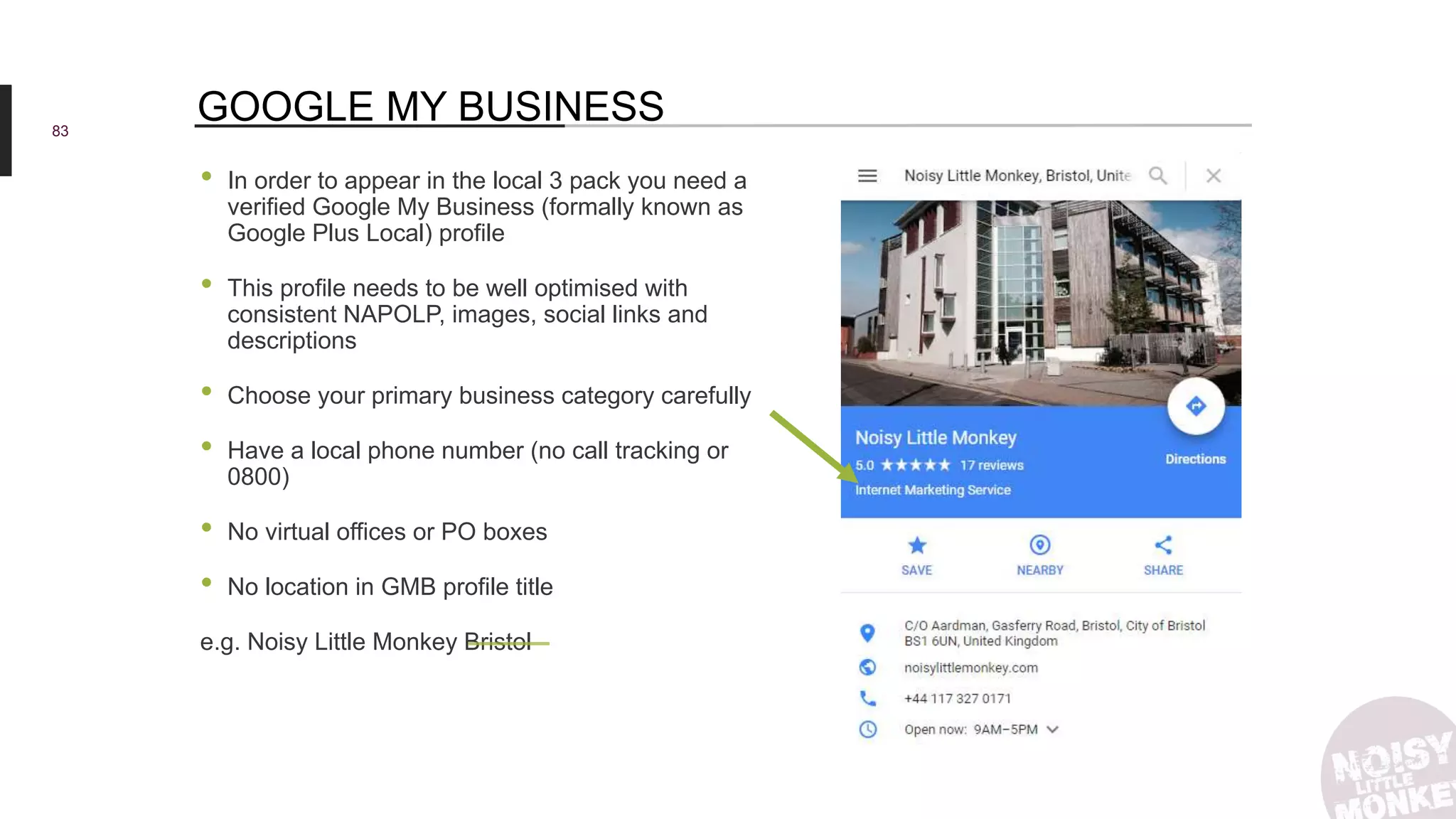 • In order to appear in the local 3 pack you need a
verified Google My Business (formally known as
Google Plus Local) profile
• This profile needs to be well optimised with
consistent NAPOLP, images, social links and
descriptions
• Choose your primary business category carefully
• Have a local phone number (no call tracking or
0800)
• No virtual offices or PO boxes
• No location in GMB profile title
e.g. Noisy Little Monkey Bristol
83
GOOGLE MY BUSINESS
 