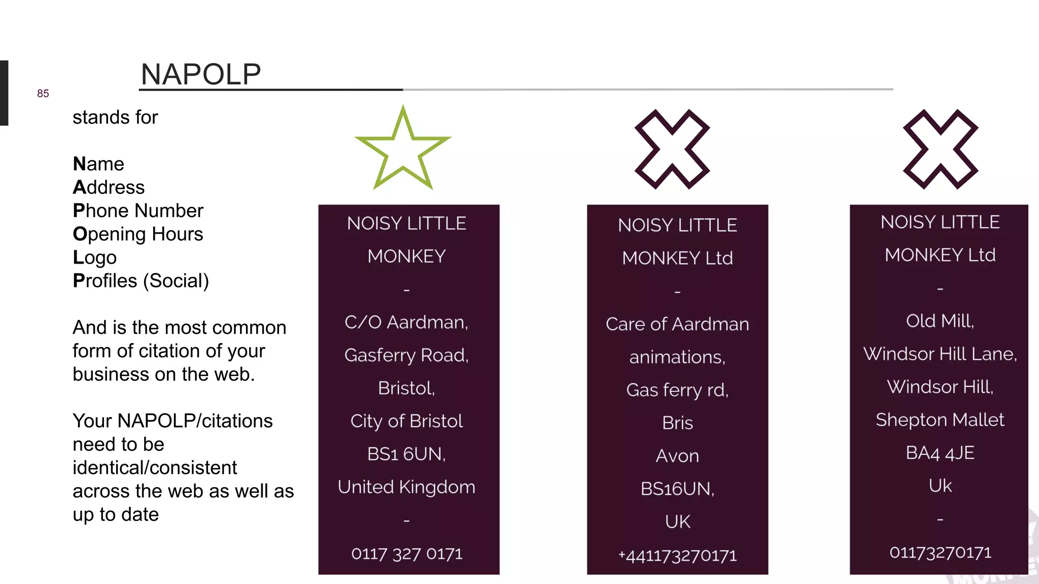 85
NAPOLP
stands for
Name
Address
Phone Number
Opening Hours
Logo
Profiles (Social)
And is the most common
form of citation of your
business on the web.
Your NAPOLP/citations
need to be
identical/consistent
across the web as well as
up to date
 