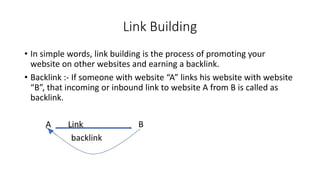 Link Building
• In simple words, link building is the process of promoting your
website on other websites and earning a backlink.
• Backlink :- If someone with website “A” links his website with website
“B”, that incoming or inbound link to website A from B is called as
backlink.
A Link B
backlink
 