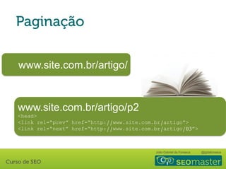 João Gabriel da Fonseca @jgdafonseca
www.site.com.br/artigo/
www.site.com.br/artigo/p2
<head>
<link rel=“prev” href=“http://www.site.com.br/artigo”>
<link rel=“next” href=“http://www.site.com.br/artigo/03”>
 