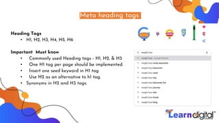Meta heading tags
Heading Tags
▪ H1, H2, H3, H4, H5, H6
Important Must know
▪ Commonly used Heading tags - H1, H2, & H3
▪ One H1 tag per page should be implemented.
▪ Insert one seed keyword in H1 tag
▪ Use H2 as an alternative to h1 tag.
▪ Synonyms in H2 and H3 tags.
 