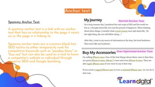Anchor text
Spammy Anchor Text:
A spammy anchor text is a link with an anchor
text that has no relationship to the page it exists
on or the page it is linking to.
Spammy anchor texts are a common black hat
SEO tactics to either temporarily rank for
competitive keywords such as "payday loans" or
"buy xyz" but can also be used as a tool to harm
a competitor's website or individual through
negative SEO and Google bombing.
 