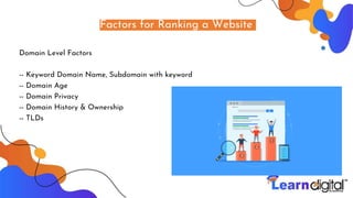 Factors for Ranking a Website
Domain Level Factors
-- Keyword Domain Name, Subdomain with keyword
-- Domain Age
-- Domain Privacy
-- Domain History & Ownership
-- TLDs
 