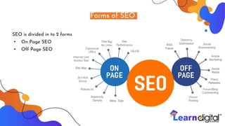 Forms of SEO
SEO is divided in to 2 forms
▪ On Page SEO
▪ Off Page SEO
 