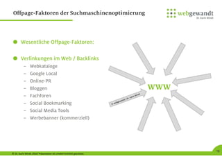 © Dr. Karin Windt. Diese Präsentation ist urheberrechtlich geschützt.
19
Offpage-Faktoren der Suchmaschinenoptimierung
Wesentliche Offpage-Faktoren:
Verlinkungen im Web / Backlinks
– Webkataloge
– Google Local
– Online-PR
– Bloggen
– Fachforen
– Social Bookmarking
– Social Media Tools
– Werbebanner (kommerziell)
WWWWWW
 