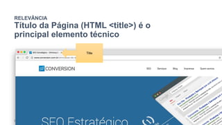 RELEVÂNCIA
Título da Página (HTML <title>) é o
principal elemento técnico
Fonte: Ahrefs (2016)
Title
 