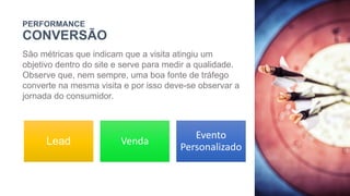 PERFORMANCE
CONVERSÃO
São métricas que indicam que a visita atingiu um
objetivo dentro do site e serve para medir a qualidade.
Observe que, nem sempre, uma boa fonte de tráfego
converte na mesma visita e por isso deve-se observar a
jornada do consumidor.
Lead Venda
Evento
Personalizado
 