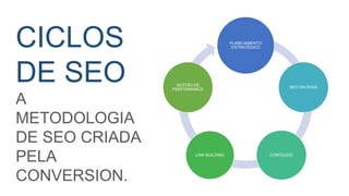 CICLOS
DE SEO
A
METODOLOGIA
DE SEO CRIADA
PELA
CONVERSION.
PLANEJAMENTO
ESTRATÉGICO
SEO ON-PAGE
CONTEÚDOLINK BUILDING
GESTÃO DE
PERFORMANCE
 