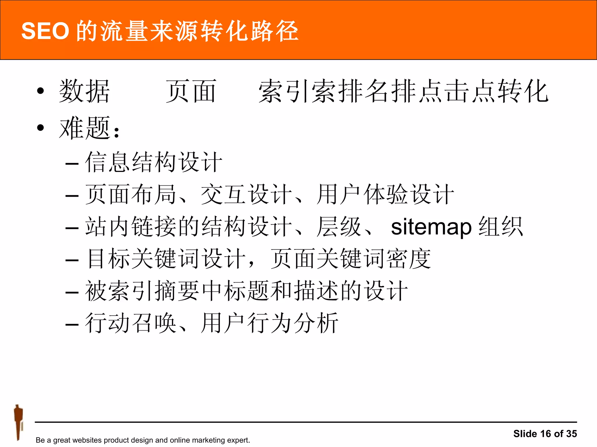 SEO 的流量来源转化路径 数据    页面   索引  排名  点击  转化 难题： 信息结构设计 页面布局、交互设计、用户体验设计 站内链接的结构设计、层级、 sitemap 组织 目标关键词设计，页面关键词密度 被索引摘要中标题和描述的设计 行动召唤、用户行为分析 