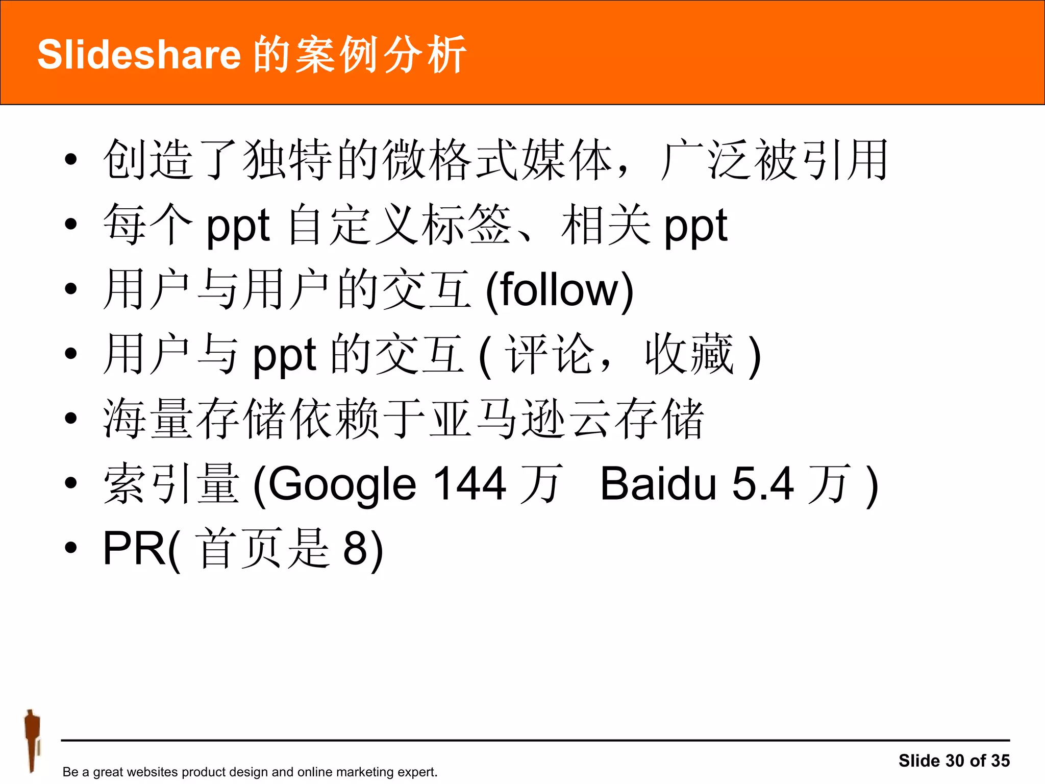 Slideshare 的案例分析 创造了独特的微格式媒体，广泛被引用 每个 ppt 自定义标签、相关 ppt 用户与用户的交互 (follow) 用户与 ppt 的交互 ( 评论，收藏 ) 海量存储依赖于亚马逊云存储 索引量 (Google 144 万  Baidu 5.4 万 ) PR( 首页是 8) 