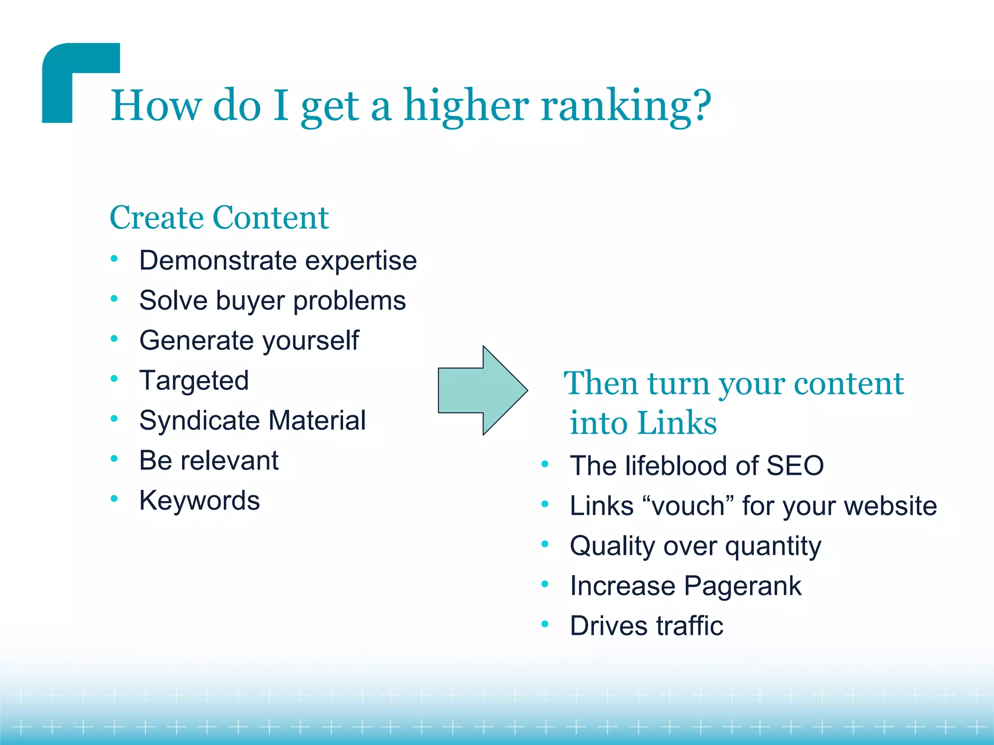 How do I get a higher ranking?

Create Content
•   Demonstrate expertise
•   Solve buyer problems
•   Generate yourself
•   Targeted                    Then turn your content
•   Syndicate Material          into Links
•   Be relevant             •   The lifeblood of SEO
•   Keywords                •   Links “vouch” for your website
                            •   Quality over quantity
                            •   Increase Pagerank
                            •   Drives traffic
 