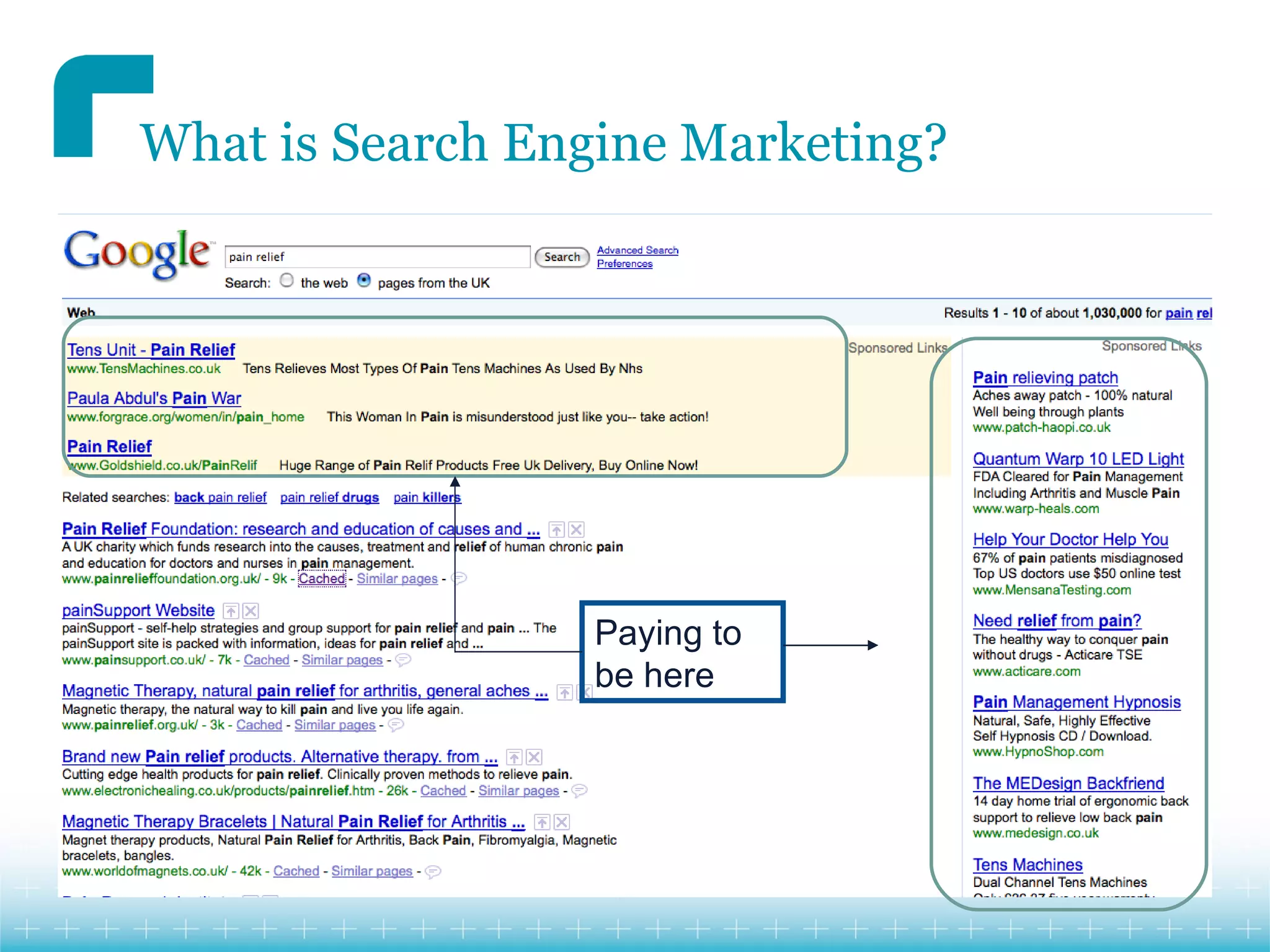 What is Search Engine Marketing?




                  Paying to
                  be here
 