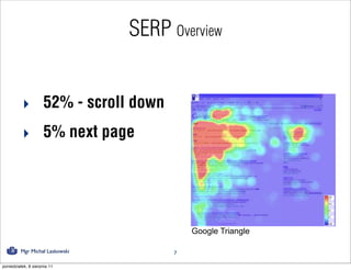SERP Overview


          ‣ 52% - scroll down
          ‣ 5% next page




                                          Google Triangle

         Mgr Michał Laskowski         7

poniedziałek, 8 sierpnia 11
 
