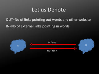 Let us Denote
OUT=No of links pointing out words any other website
IN=No of External links pointing in words

IN for A
A
OUT for A

B

 
