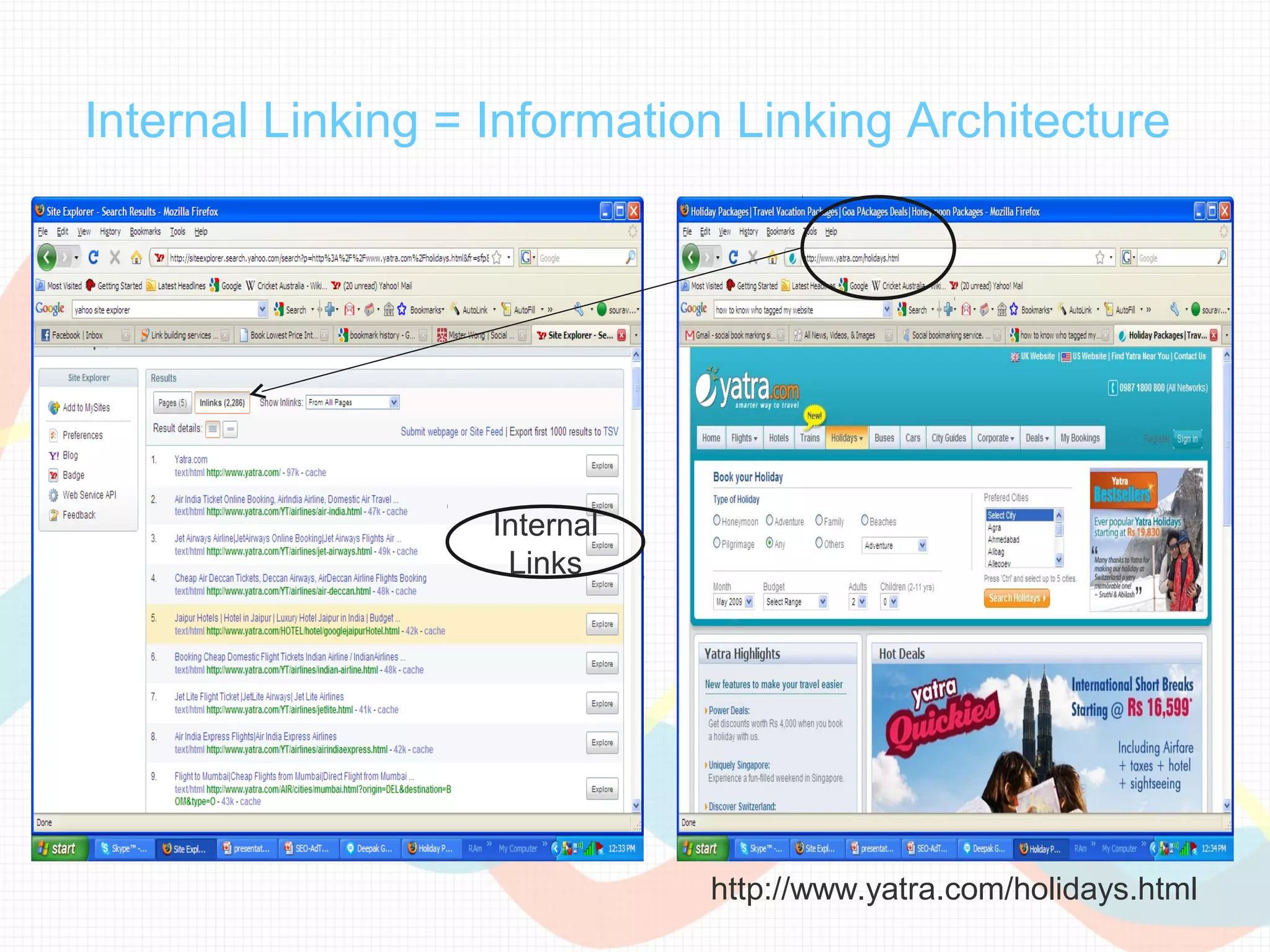 Internal Linking = Information Linking Architecture




                   Internal
                    Links




                              http://www.yatra.com/holidays.html
 