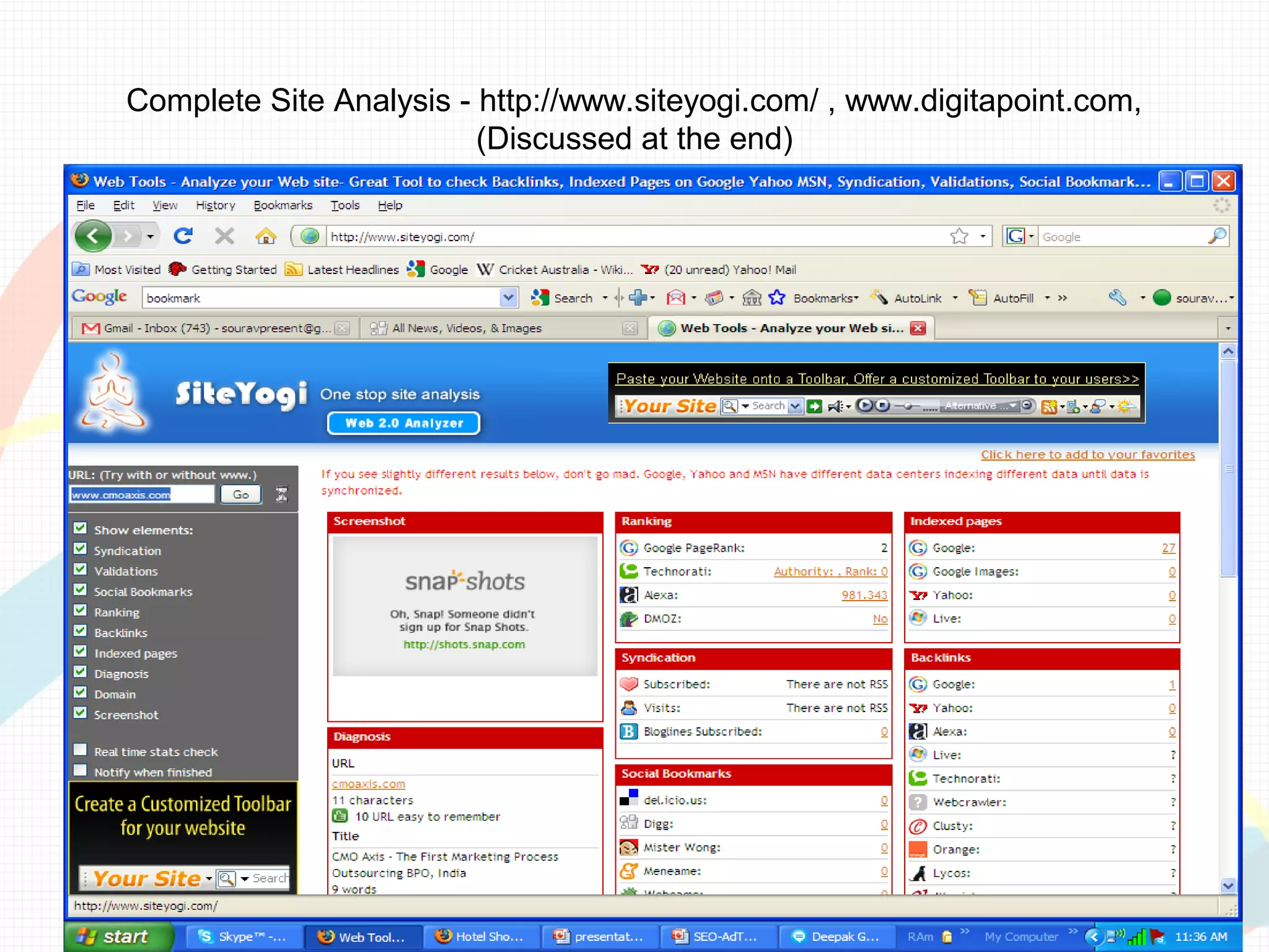 Complete Site Analysis - http://www.siteyogi.com/ , www.digitapoint.com,
                         (Discussed at the end)
 