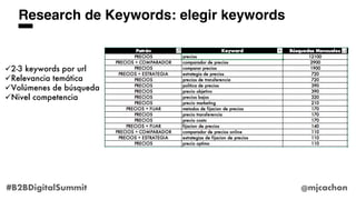 Research de Keywords: elegir keywords
ü2-3 keywords por url
üRelevancia temática
üVolúmenes de búsqueda
üNivel competencia...