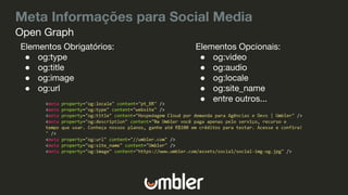 Meta Informações para Social Media
Elementos Obrigatórios:
● og:type
● og:title
● og:image
● og:url
Open Graph
Elementos Opcionais:
● og:video
● og:audio
● og:locale
● og:site_name
● entre outros...
 