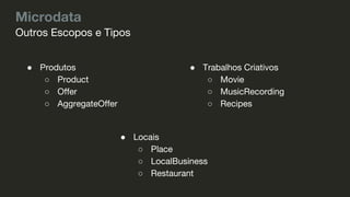 Microdata
● Produtos
○ Product
○ Offer
○ AggregateOffer
Outros Escopos e Tipos
● Trabalhos Criativos
○ Movie
○ MusicRecording
○ Recipes
● Locais
○ Place
○ LocalBusiness
○ Restaurant
 