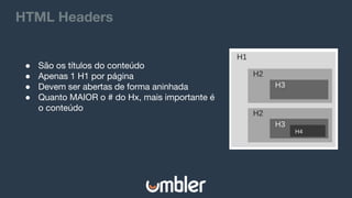HTML Headers
● São os títulos do conteúdo
● Apenas 1 H1 por página
● Devem ser abertas de forma aninhada
● Quanto MAIOR o # do Hx, mais importante é
o conteúdo
 