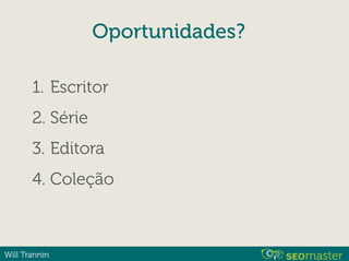 Will Trannin
Oportunidades?
1. Escritor
2. Série
3. Editora
4. Coleção
 