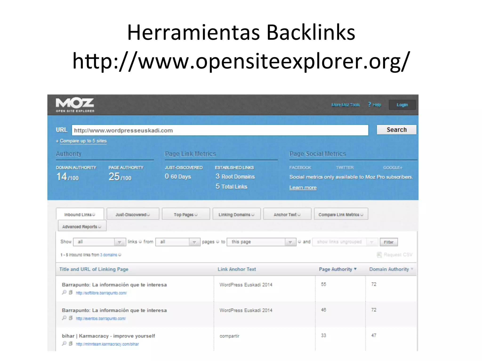 Herramientas 
Backlinks 
hmp://www.opensiteexplorer.org/ 
 