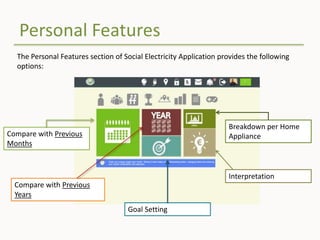 Personal Features
The Personal Features section of Social Electricity Application provides the following
options:
Compare with Previous
Months
Compare with Previous
Years
Goal Setting
Breakdown per Home
Appliance
Interpretation
 