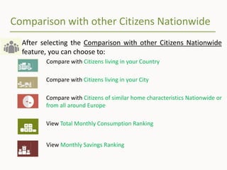 Comparison with other Citizens Nationwide
After selecting the Comparison with other Citizens Nationwide
feature, you can choose to:
Compare with Citizens living in your Country
Compare with Citizens living in your City
Compare with Citizens of similar home characteristics Nationwide or
from all around Europe
View Total Monthly Consumption Ranking
View Monthly Savings Ranking
 