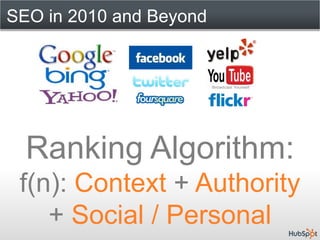 SEO in 2010 and Beyond




  Ranking Algorithm:
 f(n): Context + Authority
    + Social / Personal
 
