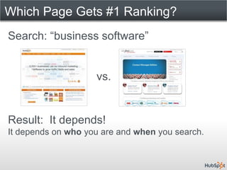 Which Page Gets #1 Ranking?
Search: “business software”


                    vs.


Result: It depends!
It depends on who you are and when you search.
 