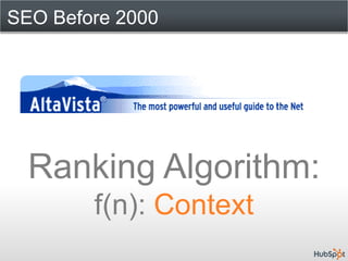 SEO Before 2000




  Ranking Algorithm:
        f(n): Context
 