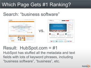 Which Page Gets #1 Ranking?
Search: “business software”


                      vs.


Result: HubSpot.com = #1
HubSpot has stuffed all the metadata and text
fields with lots of keyword phrases, including
“business software”, “business”, etc.
 