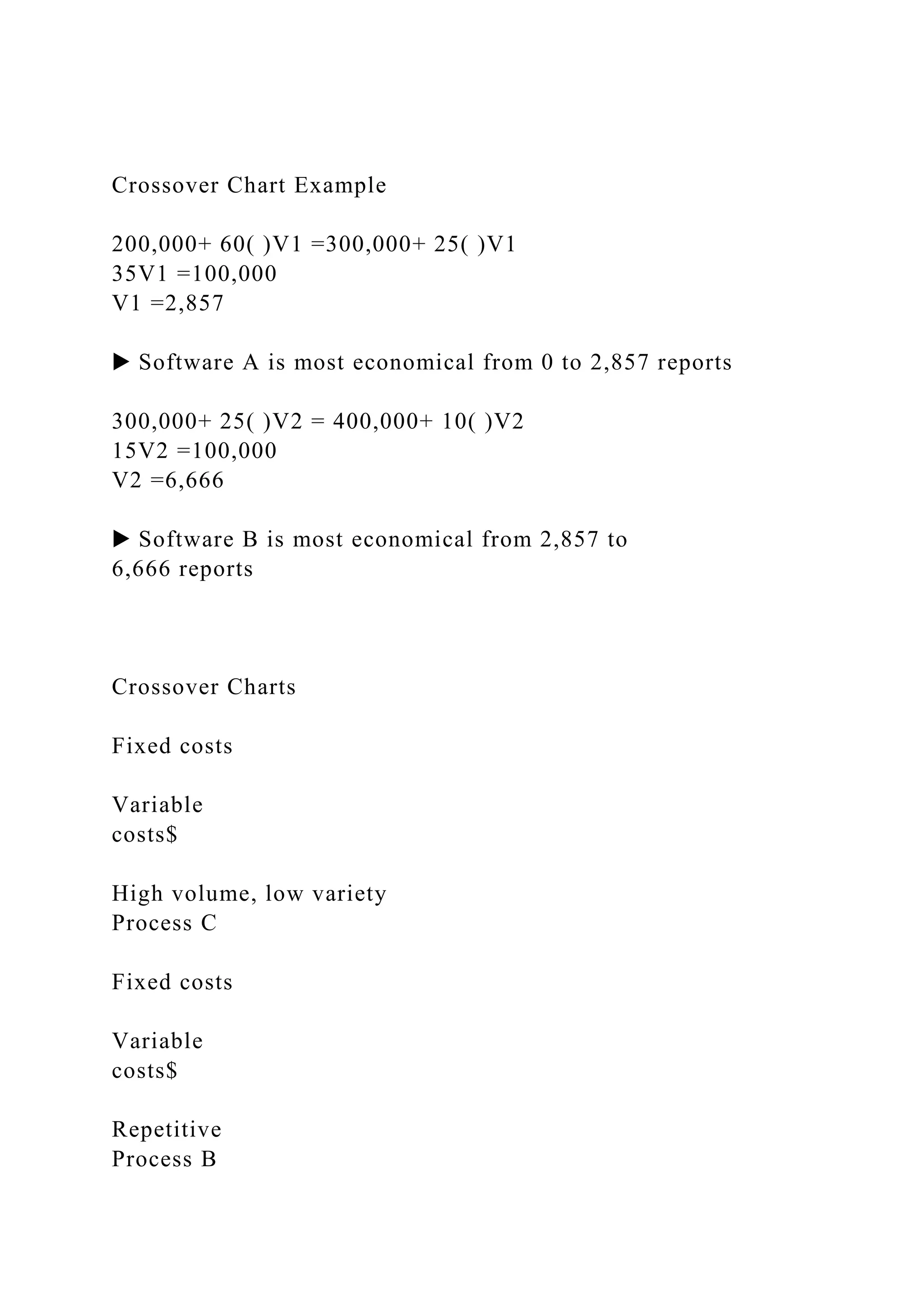 Crossover Chart Example
200,000+ 60( )V1 =300,000+ 25( )V1
35V1 =100,000
V1 =2,857
▶ Software A is most economical from 0 to 2,857 reports
300,000+ 25( )V2 = 400,000+ 10( )V2
15V2 =100,000
V2 =6,666
▶ Software B is most economical from 2,857 to
6,666 reports
Crossover Charts
Fixed costs
Variable
costs$
High volume, low variety
Process C
Fixed costs
Variable
costs$
Repetitive
Process B
 