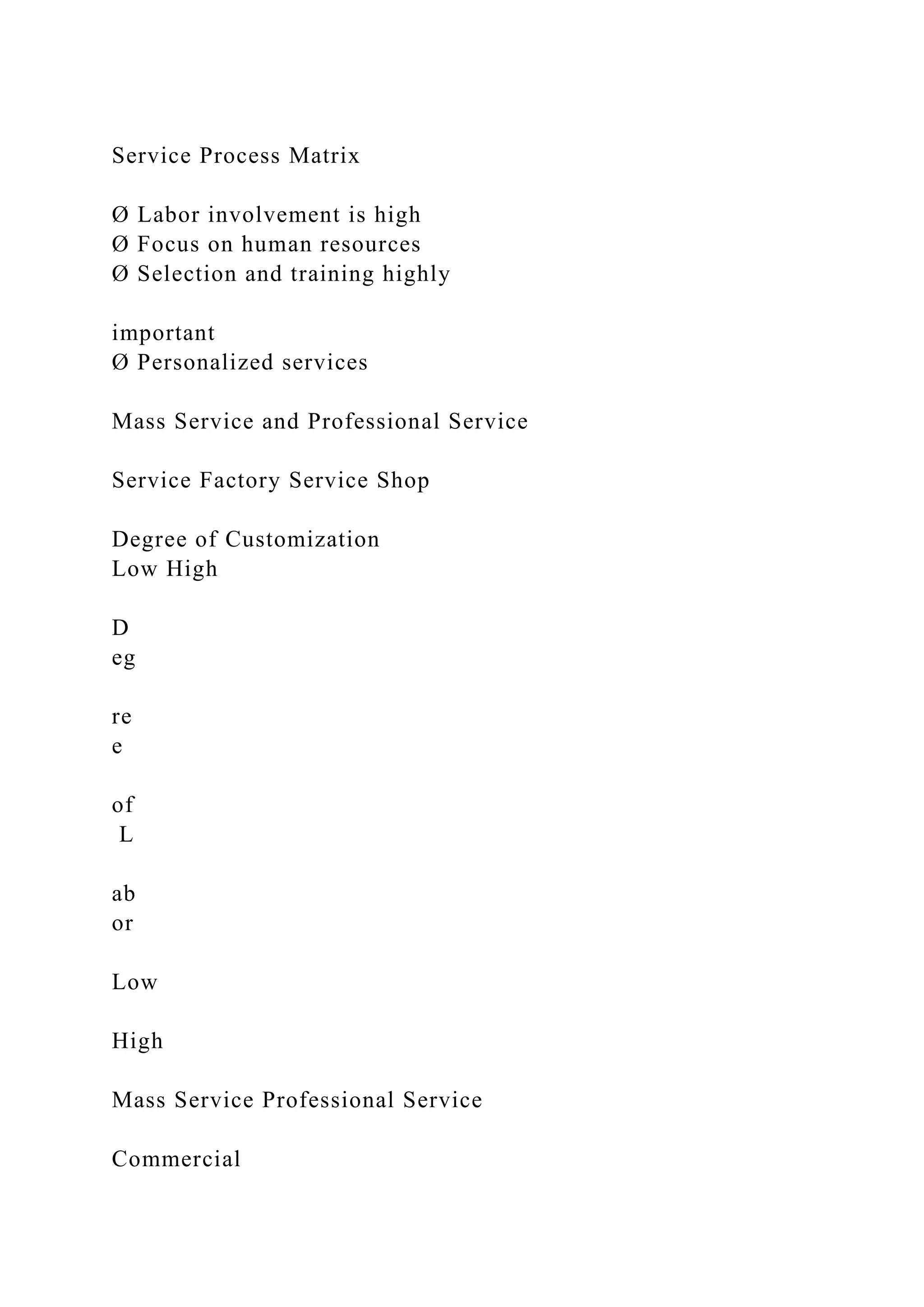 Service Process Matrix
Ø Labor involvement is high
Ø Focus on human resources
Ø Selection and training highly
important
Ø Personalized services
Mass Service and Professional Service
Service Factory Service Shop
Degree of Customization
Low High
D
eg
re
e
of
L
ab
or
Low
High
Mass Service Professional Service
Commercial
 