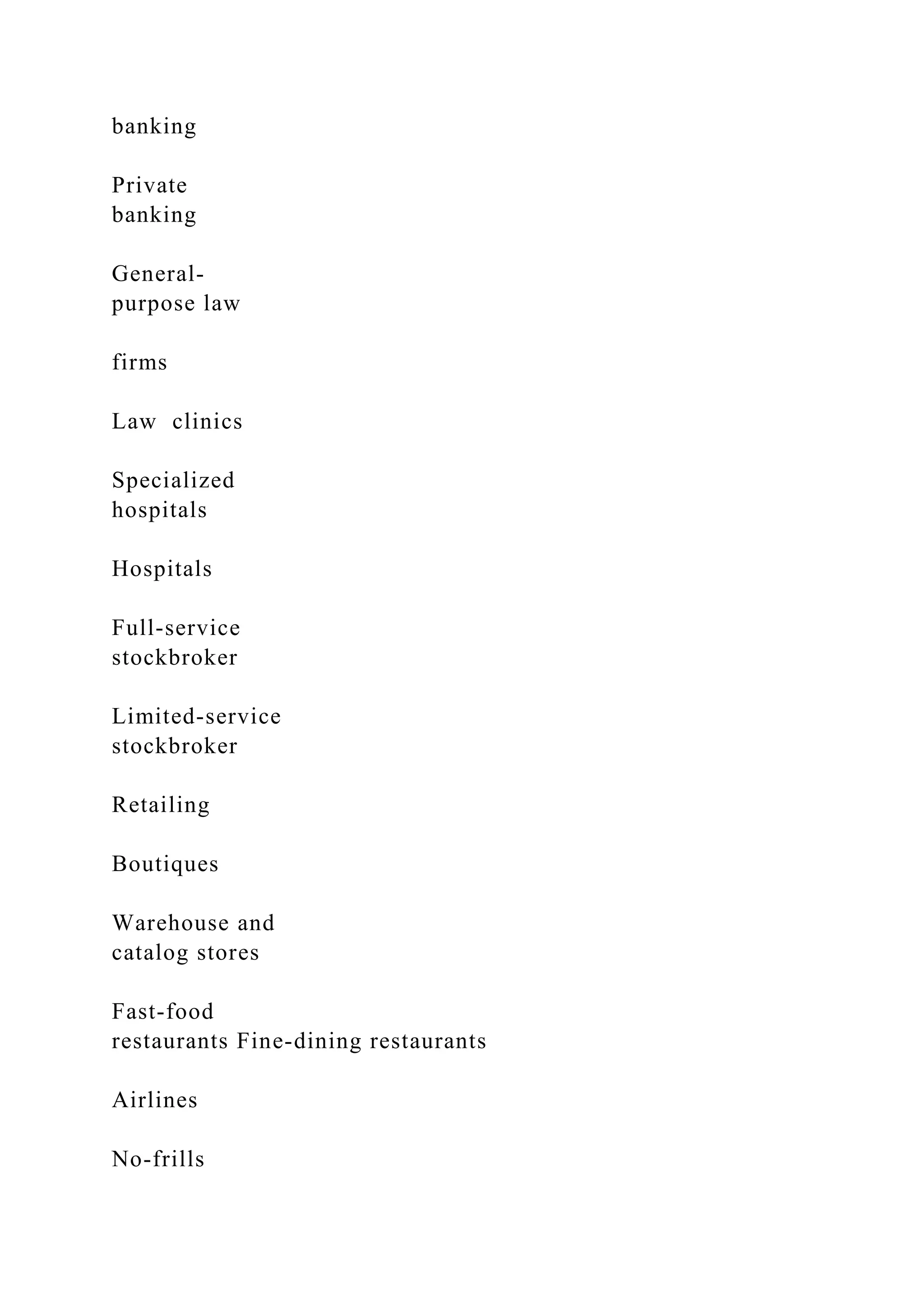 banking
Private
banking
General-
purpose law
firms
Law clinics
Specialized
hospitals
Hospitals
Full-service
stockbroker
Limited-service
stockbroker
Retailing
Boutiques
Warehouse and
catalog stores
Fast-food
restaurants Fine-dining restaurants
Airlines
No-frills
 