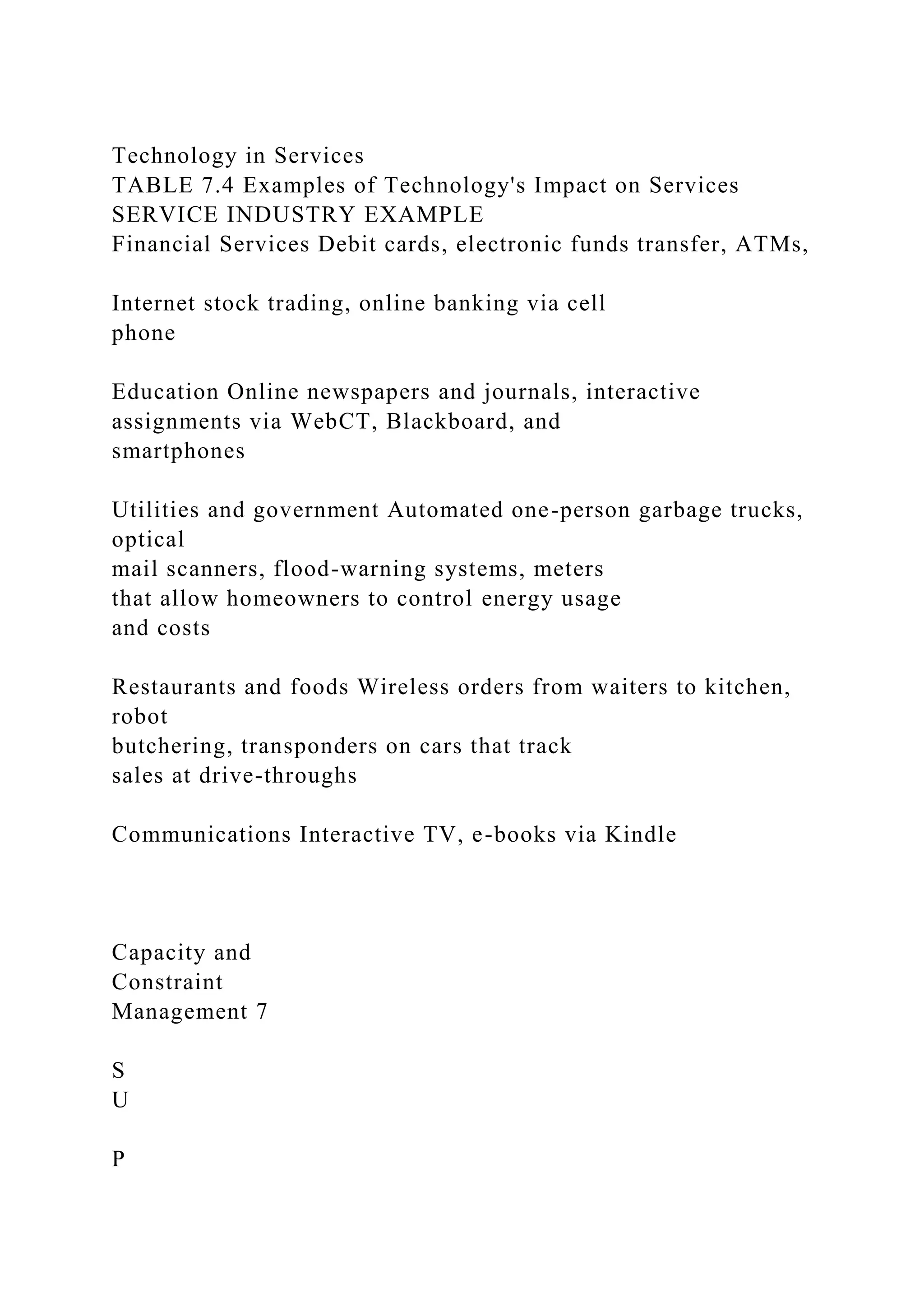 Technology in Services
TABLE 7.4 Examples of Technology's Impact on Services
SERVICE INDUSTRY EXAMPLE
Financial Services Debit cards, electronic funds transfer, ATMs,
Internet stock trading, online banking via cell
phone
Education Online newspapers and journals, interactive
assignments via WebCT, Blackboard, and
smartphones
Utilities and government Automated one-person garbage trucks,
optical
mail scanners, flood-warning systems, meters
that allow homeowners to control energy usage
and costs
Restaurants and foods Wireless orders from waiters to kitchen,
robot
butchering, transponders on cars that track
sales at drive-throughs
Communications Interactive TV, e-books via Kindle
Capacity and
Constraint
Management 7
S
U
P
 