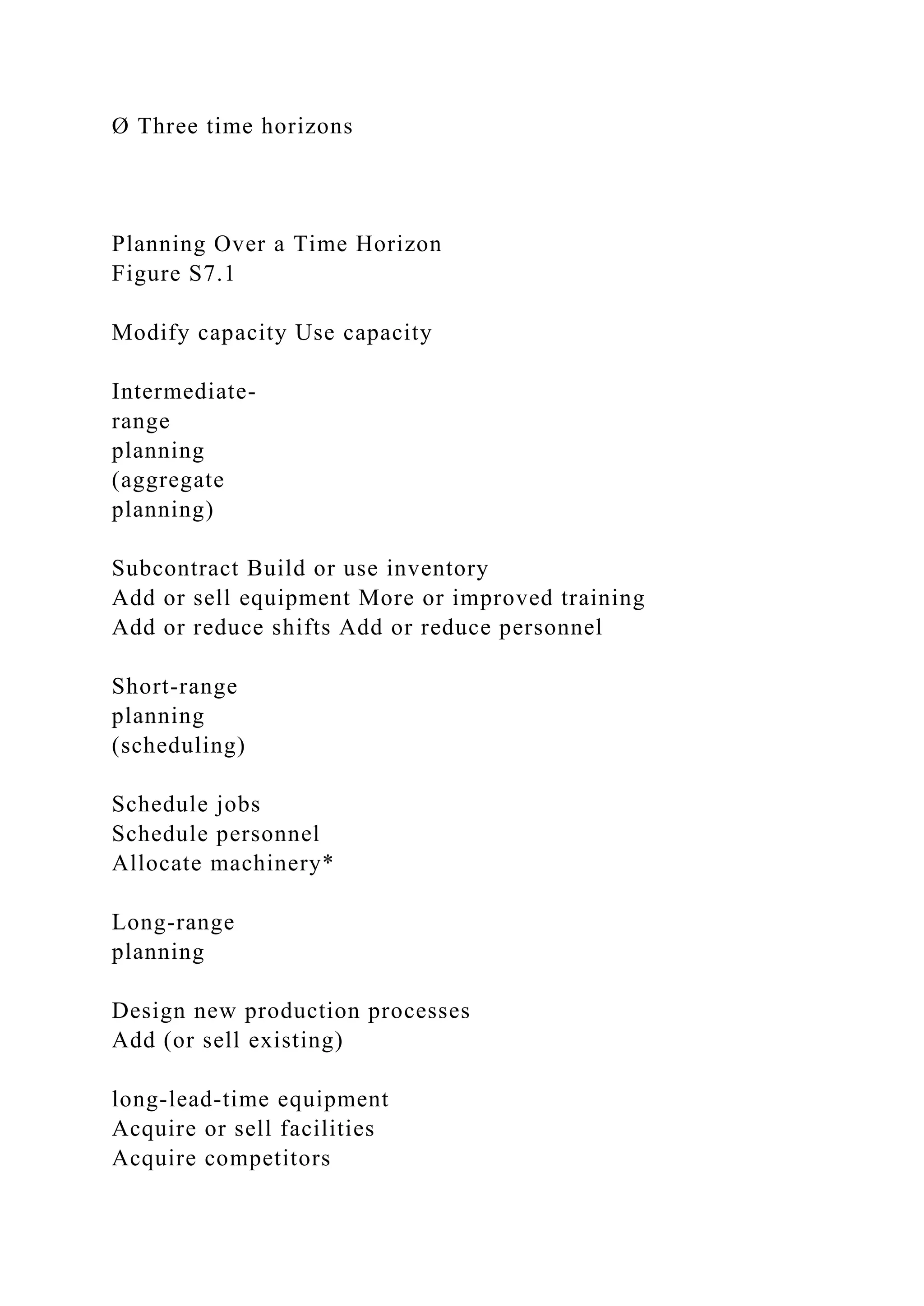 Ø Three time horizons
Planning Over a Time Horizon
Figure S7.1
Modify capacity Use capacity
Intermediate-
range
planning
(aggregate
planning)
Subcontract Build or use inventory
Add or sell equipment More or improved training
Add or reduce shifts Add or reduce personnel
Short-range
planning
(scheduling)
Schedule jobs
Schedule personnel
Allocate machinery*
Long-range
planning
Design new production processes
Add (or sell existing)
long-lead-time equipment
Acquire or sell facilities
Acquire competitors
 