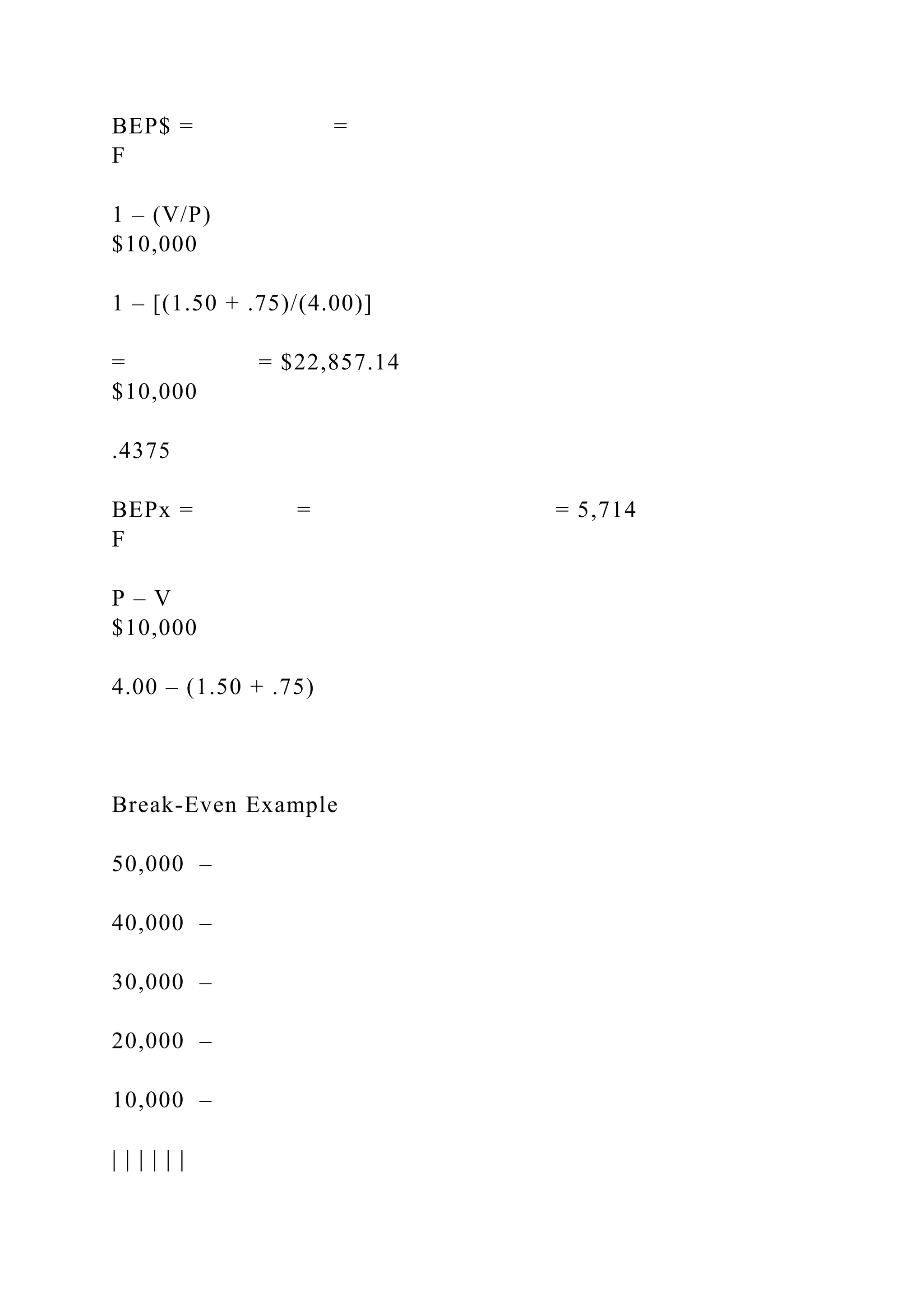 BEP$ = =
F
1 – (V/P)
$10,000
1 – [(1.50 + .75)/(4.00)]
= = $22,857.14
$10,000
.4375
BEPx = = = 5,714
F
P – V
$10,000
4.00 – (1.50 + .75)
Break-Even Example
50,000 –
40,000 –
30,000 –
20,000 –
10,000 –
| | | | | |
 