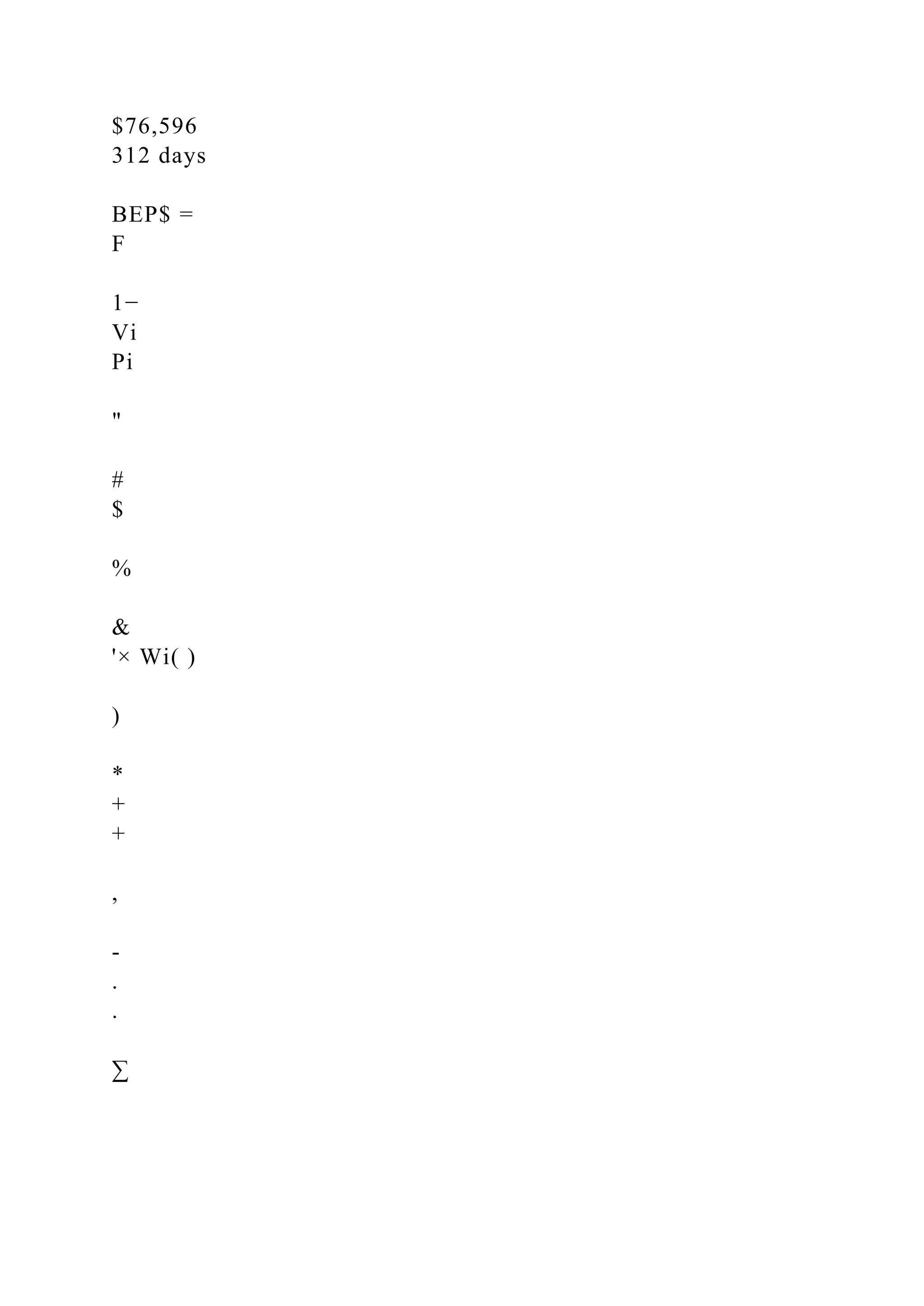 $76,596
312 days
BEP$ =
F
1−
Vi
Pi
"
#
$
%
&
'× Wi( )
)
*
+
+
,
-
.
.
∑
 