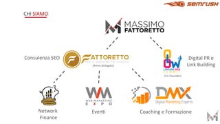 CHI SIAMO
Network
Finance
Eventi
Digital PR e
Link Building
Consulenza SEO
Coaching e Formazione
(Amm.delegato)
(Co Founder)
 