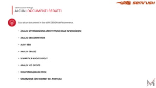 ALCUNI DOCUMENTI REDATTI
O.mizzazione de7agli
Ecco alcuni documenti in fase di REDESIGN dell’ecommerce.
• ANALISI OTTIMIZZAZIONE ARCHITETTURA DELLE INFORMAZIONI
• ANALISI DEI COMPETITOR
• AUDIT SEO
• ANALISI DEI LOG
• SEMANTICA NUOVO LAYOUT
• ANALISI SEO OFFSITE
• RECUPERO BACKLINK PERSI
• MIGRAZIONE CON REDIRECT 301 PUNTUALI
 