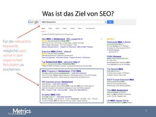 Was ist das Ziel von SEO?
7
Für die relevanten
Keywords
möglichst weit
vorne in den
organischen
Resultaten zu
erscheinen.
 