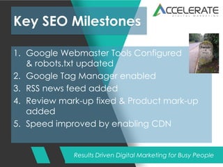 Results Driven Digital Marketing for Busy People
Key SEO Milestones
1. Google Webmaster Tools Configured
& robots.txt updated
2. Google Tag Manager enabled
3. RSS news feed added
4. Review mark-up fixed & Product mark-up
added
5. Speed improved by enabling CDN
 
