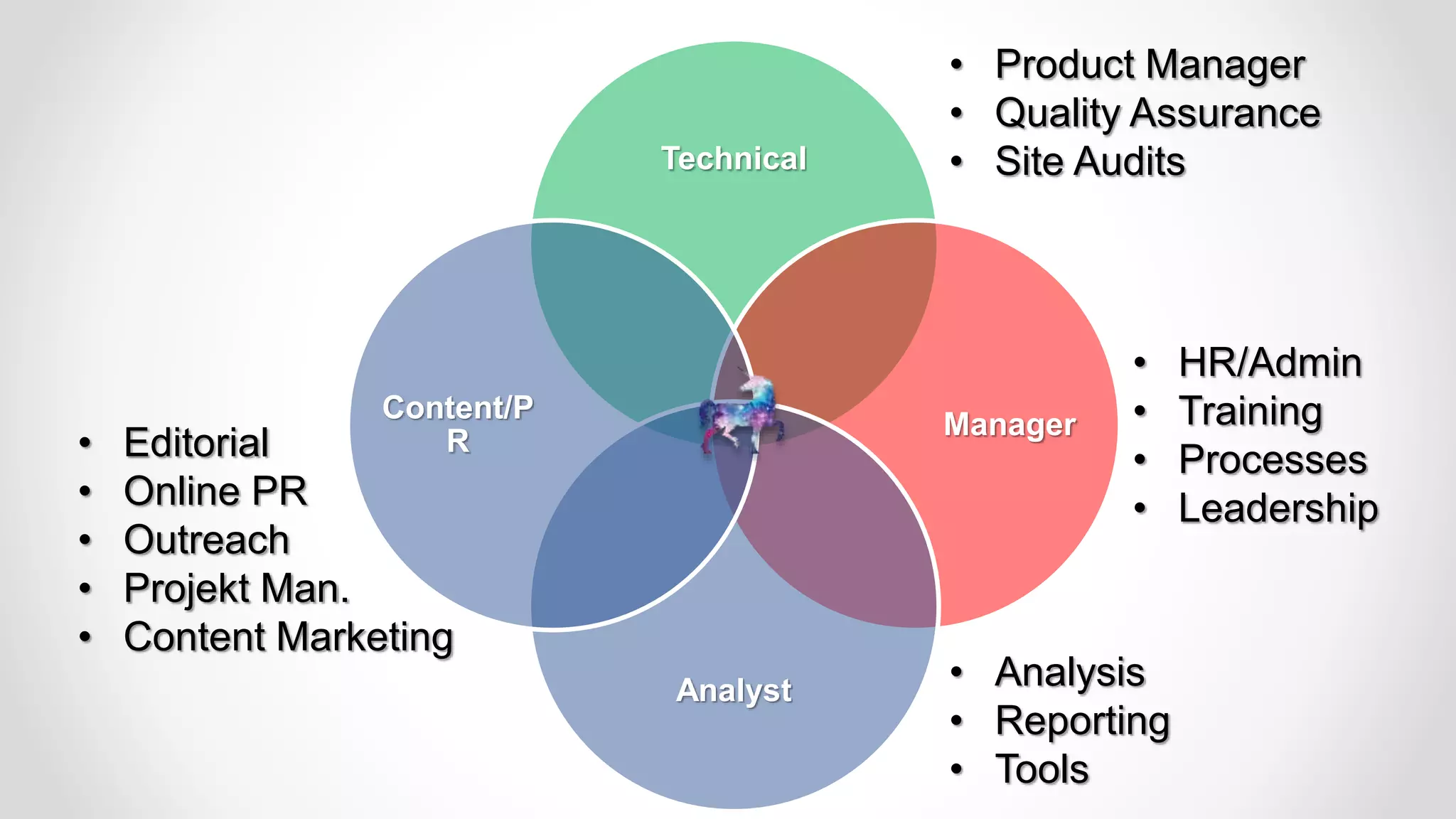Technical
Manager
Analyst
Content/P
R
• HR/Admin
• Training
• Processes
• Leadership
• Product Manager
• Quality Assurance
• Site Audits
• Analysis
• Reporting
• Tools
• Editorial
• Online PR
• Outreach
• Projekt Man.
• Content Marketing
 