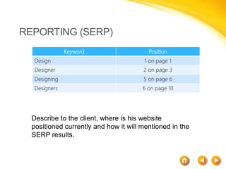 Keyword Position
Design 1 on page 1
Designer 2 on page 3
Designing 5 on page 6
Designers 6 on page 10
REPORTING (SERP)
Describe to the client, where is his website
positioned currently and how it will mentioned in the
SERP results.
 