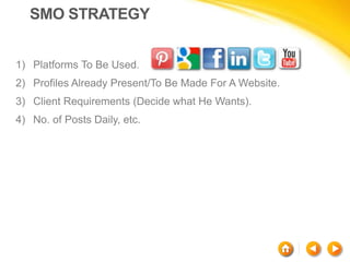 SMO STRATEGY
1) Platforms To Be Used.
2) Profiles Already Present/To Be Made For A Website.
3) Client Requirements (Decide what He Wants).
4) No. of Posts Daily, etc.
 