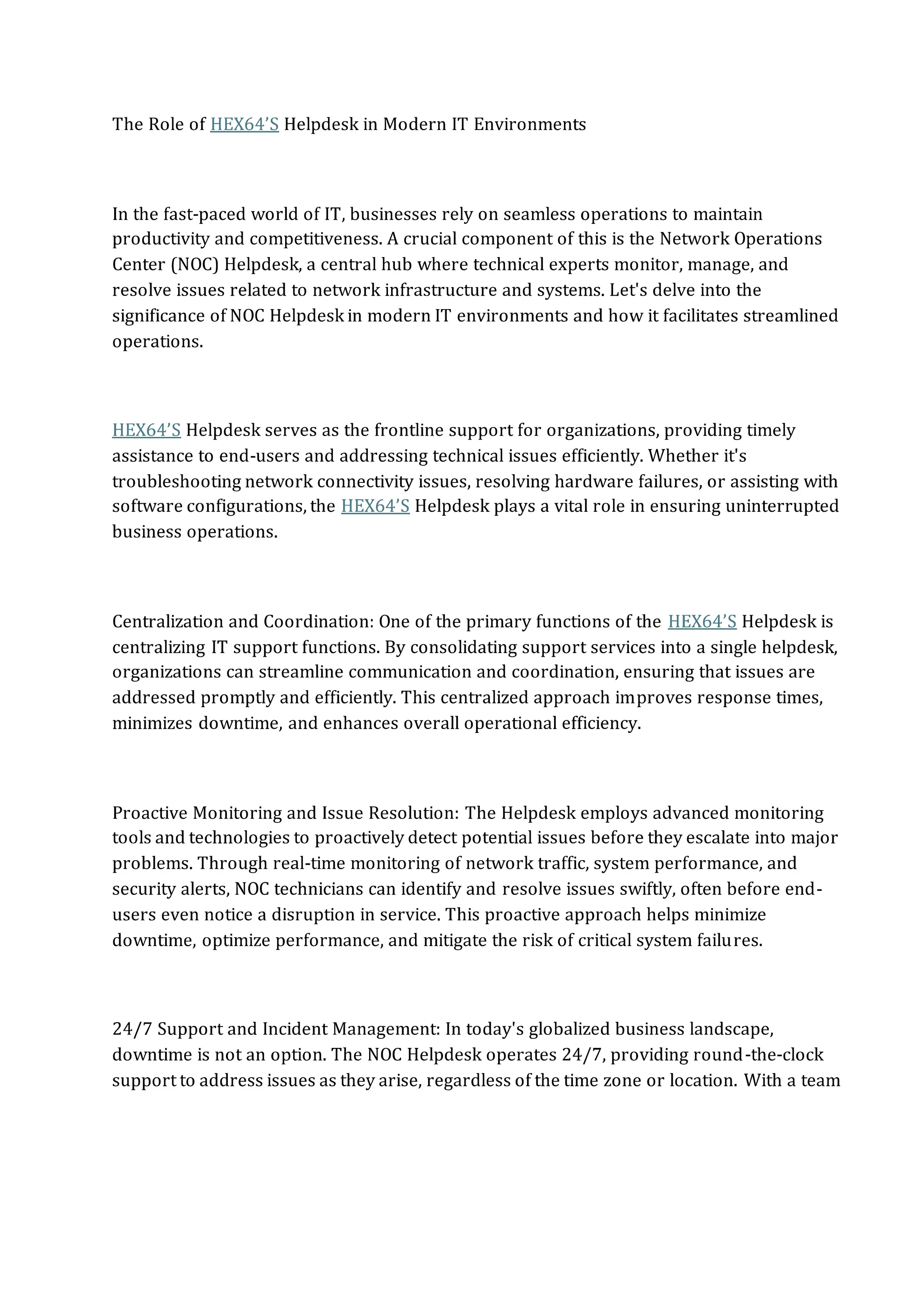 The Role of HEX64’S Helpdesk in Modern IT Environments | PDF