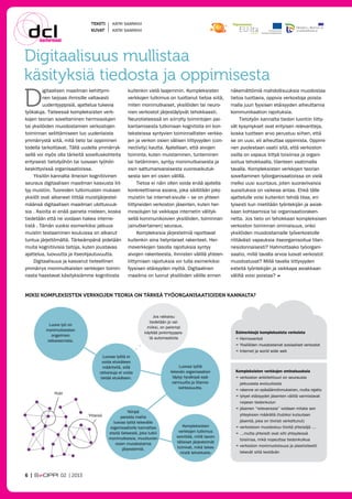 TEKSTI	

Katri Saarikivi

KUVAT	

Katri Saarikivi

Digitaalisuus mullistaa
käsityksiä tiedosta ja oppimisesta

D

igitaalisen maailman kehittyminen tarjoaa ihmisille valtavasti
uudentyyppisiä, ajattelua tukevia
työkaluja. Tieteessä kompleksisten verkkojen teorian soveltaminen hermosolujen
tai yksilöiden muodostamien verkostojen
toiminnan selittämiseen luo uudenlaista
ymmärrystä siitä, mitä tieto tai oppiminen
todella tarkoittavat. Tällä uudella ymmärryksellä voi myös olla tärkeitä sovelluskohteita
erityisesti tietotyöhön tai luovaan työhön
keskittyvissä organisaatioissa.
Yksilön kannalta ilmeisin kognitiivinen
seuraus digitaalisen maailman kasvusta liittyy muistiin. Tuoreiden tutkimusten mukaan
yksilöt ovat alkaneet liittää muistijärjestelmäänsä digitaalisen maailman ulottuvuuksia . Asioita ei enää paineta mieleen, koska
tiedetään että ne voidaan hakea internetistä . Tämän vuoksi esimerkiksi jatkuva
muistin testaaminen kouluissa on alkanut
tuntua järjettömältä. Tärkeämpänä pidetään
muita kognitiivisia taitoja, kuten joustavaa
ajattelua, luovuutta ja itseohjautuvuutta.
Digitaalisuus ja kasvanut tieteellinen
ymmärrys monimutkaisten verkkojen toiminnasta haastavat käsityksiämme kognitiosta

kuitenkin vielä laajemmin. Kompleksisten
verkkojen tutkimus on tuottanut tietoa siitä,
miten monimutkaiset, yksilöiden tai neuronien verkostot järjestäytyvät tehokkaasti.
Neurotieteessä on siirrytty toimintojen paikantamisesta tutkimaan kognitiota eri konteksteissa syntyvien toiminnallisten verkkojen ja verkon osien välisen liittyvyyden (connectivity) kautta. Ajatellaan, että aivojen
toiminta, kuten muistaminen, tunteminen
tai tietäminen, syntyy monimutkaisesta ja
osin sattumanvaraisesta vuorovaikutuksesta sen eri osien välillä.
Tietoa ei näin ollen voida enää ajatella
konkreettisena asiana, joka säilötään joko
muistiin tai internet-sivulle – se on yhteen
liittyneiden verkoston jäsenten, kuten hermosolujen tai vaikkapa internetin välityksellä kommunikoivien yksilöiden, toiminnan
(ainutkertainen) seuraus.
Kompleksisia järjestelmiä rajoittavat
kuitenkin aina tietynlaiset rakenteet. Hermoverkkojen tasolla rajoituksia syntyy
aivojen rakenteesta, ihmisten välillä yhteenliittymisen rajoituksia voi tulla esimerkiksi
fyysisen etäisyyden myötä. Digitaalinen
maailma on luonut yksilöiden välille ennen

näkemättömiä mahdollisuuksia muodostaa
tietoa tuottavia, oppivia verkostoja poistamalla juuri fyysisen etäisyyden aiheuttamia
kommunikaation rajoituksia.
Tietotyön kannalta tiedon luontiin liittyvät kysymykset ovat erityisen relevantteja,
koska tuotteen arvo perustuu siihen, että
se on uusi, eli aiheuttaa oppimista. Oppiminen puolestaan vaatii sitä, että verkoston
osilla on vapaus liittyä toisiinsa ja organisoitua tehokkaalla, tilanteen vaatimalla
tavalla. Kompleksisten verkkojen teorian
soveltaminen työorganisaatioissa on vielä
melko uusi suuntaus, joten suoraviivaisia
suosituksia on vaikeaa antaa. Ehkä tälle
ajattelulle voisi kuitenkin tehdä tilaa, erityisesti kun mietitään työntekijän ja asiakkaan kohtaamisia tai organisaatiorakennetta. Jos tieto on tehokkaan kompleksisen
verkoston toiminnan ominaisuus, onko
yksilöiden muodostamalle työverkostolle
riittävästi vapauksia itseorganisoitua tilannesidonnaisesti? Hahmottaako työorganisaatio, millä tavalla arvoa luovat verkostot
muodostuvat? Millä tavalla liittyvyyden
esteitä työntekijän ja vaikkapa asiakkaan
väliltä voisi poistaa? l

Miksi kompleksisten verkkojen teoria on tärkeä työorganisaatioiden kannalta?

Jos ratkaisu
tiedetään jo val­
miiksi, on parempi
käyt­tää jonkintyyp­pis­
tä automaatiota

Luova työ on
monimutkaisten
ongelmien
ratkaisemista.

Luovaa työtä ei
voida etukäteen
määritellä, sillä
ratkaisuja ei voida
tietää etukäteen.

Luovaa työtä
tekevän organisaation
täytyy hyväksyä epävarmuutta ja tilanne­
kohtaisuutta.

Hubi

Yhteisö

6 | 

 02 | 2013

Niinpä
parasta mallia
luovaa työtä tekevälle
organisaatiolle kannattaa
etsitä tieteestä, joka tutkii
monimutkaisia, muuttuvien
osien muodostamia
järjestelmiä.

Kompleksisten
verkkojen tutkimus
selvittää, millä tavoin
tällaiset järjestelmät
toimivat, mikä tekee
niistä tehokkaita.

Esimerkkejä komplekseista verkoista
l Hermoverkot
l Yksilöiden muodostamat sosiaaliset verkostot
l Internet ja world wide web

Kompleksisten verkkojen ominaisuuksia
l	verkoston arkkitehtuuri on seurausta
	 jatkuvasta evoluutiosta
l	rakenne on epäsäännönmukainen, mutta rajattu
l	lyhyet etäisyydet jäsenten välillä varmistavat
	 nopean tiedonkulun
l	jäsenen “relevanssia” voidaan mitata sen
	 yhteyksien määrällä (hubiksi kutsutaan
	 jäsentä, joka on tiiviisti verkottunut)

	verkostoon muodostuu tiiviitä yhteisöjä …
	…mutta yhteisöt ovat silti yhteydessä
	 toisiinsa, mikä nopeuttaa tiedonkulkua
l	verkoston monimuotoisuus ja plastisiteetti
	 tekevät siitä kestävän
l
l

 