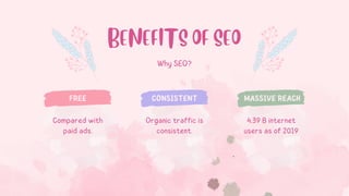 Why SEO?
FREE CONSISTENT MASSIVE REACH
BENEFITS OF SEO
Compared with
paid ads.
Organic traffic is
consistent.
4.39 B internet
users as of 2019
 